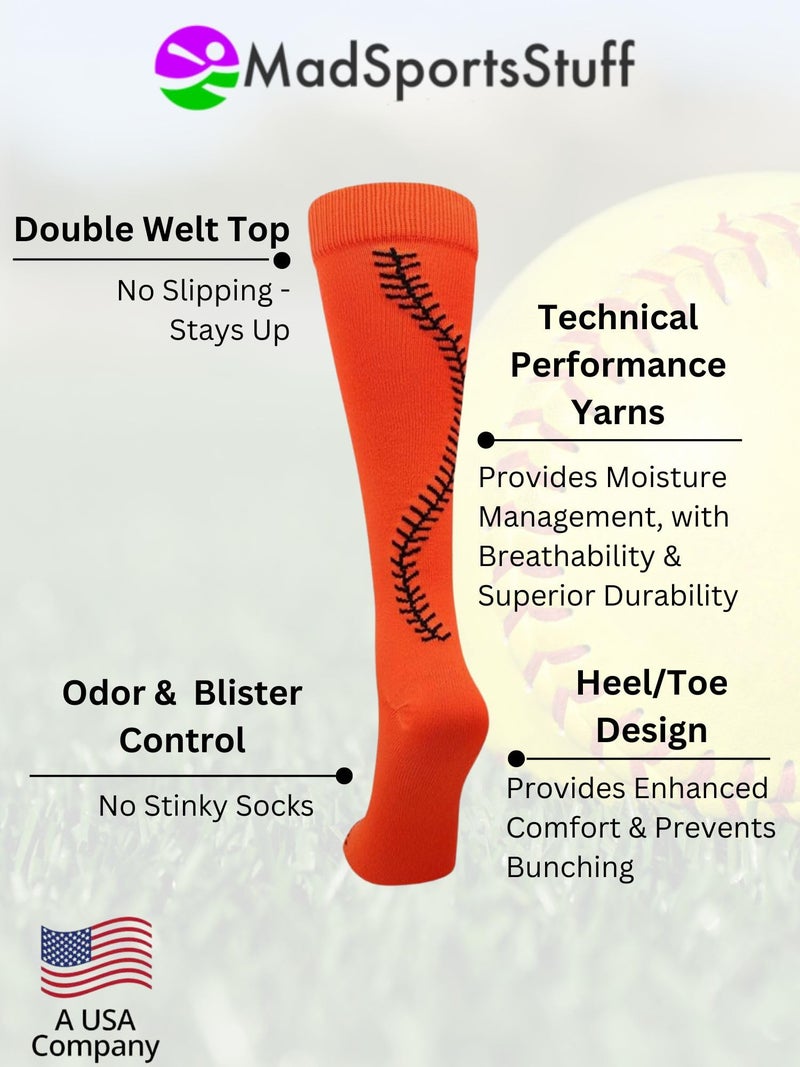 MadSportsStuff Softball Socks with Stitches Over the Calf (Orange/Black, Small) - Image 2